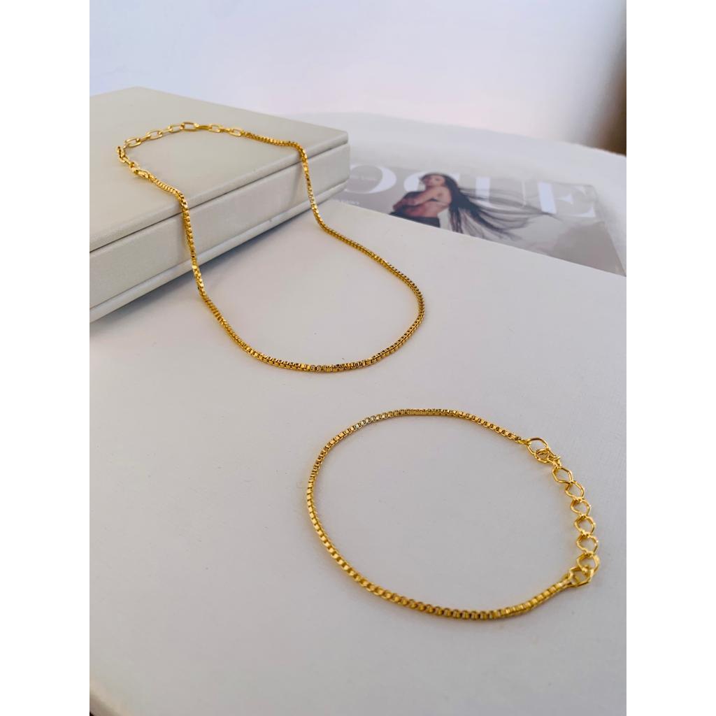 Conjunto Colar e Pulseira veneziana quadrada Semi Joia Verniz italiano