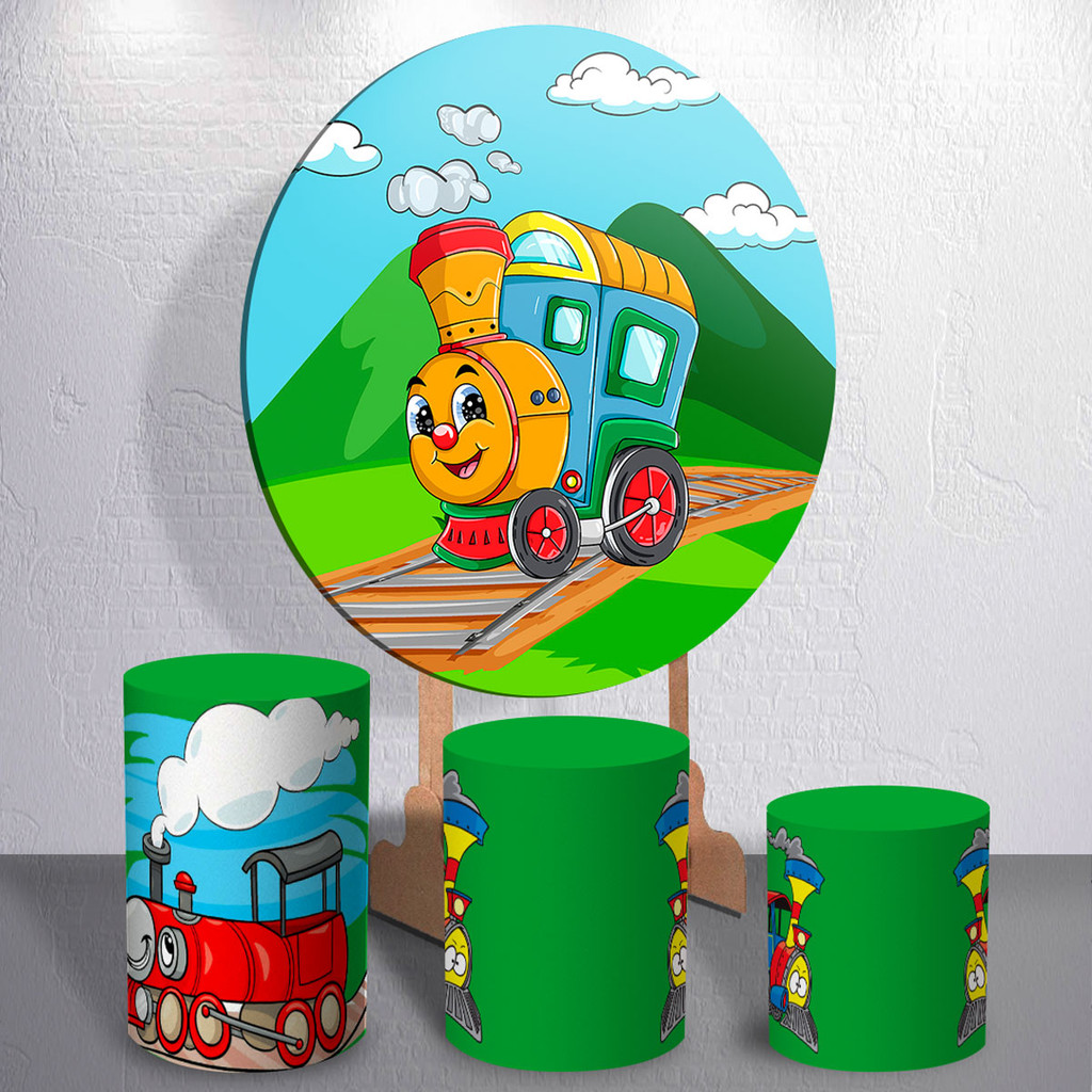 Capas Painel Festa Redondo Com Trio Cilindro Decoração Infantil Trem Trenzinho Tema Locomotiva