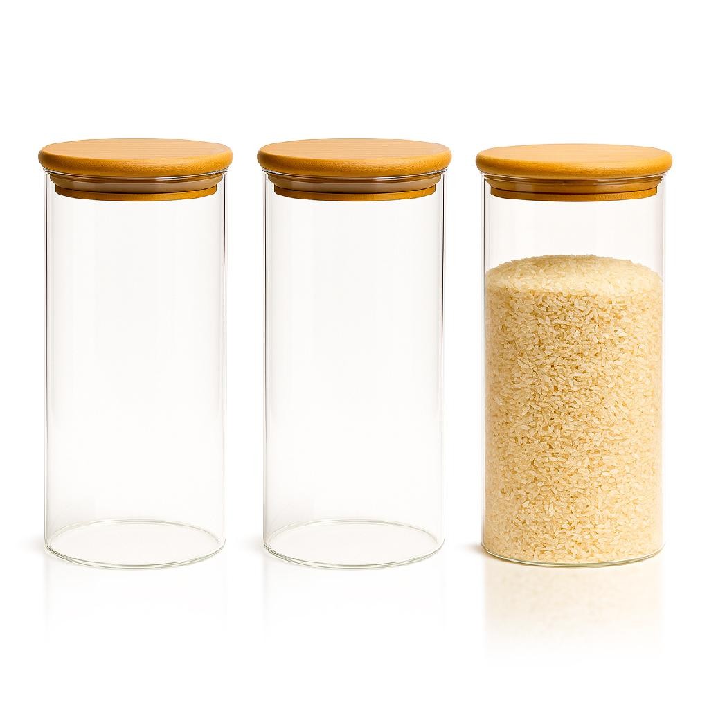 Kit 3 Potes vidro Hermético tampa Bambu cozinha multiuso 950ML mantimentos Premium transparente