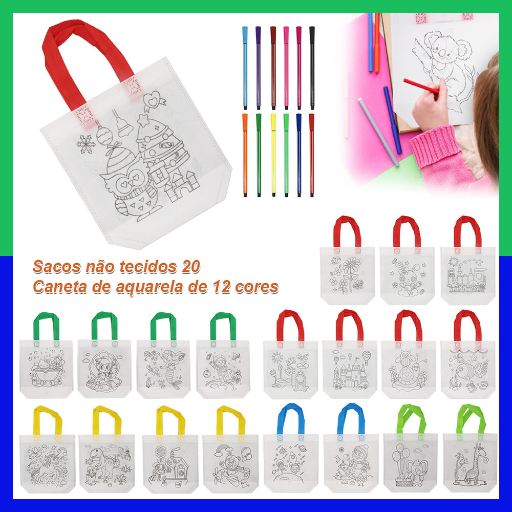 20 peças de sacos de guloseimas para colorir com 12 marcadores, bolsa reutilizável não tecida de desenho animado em Oferta na Shopee