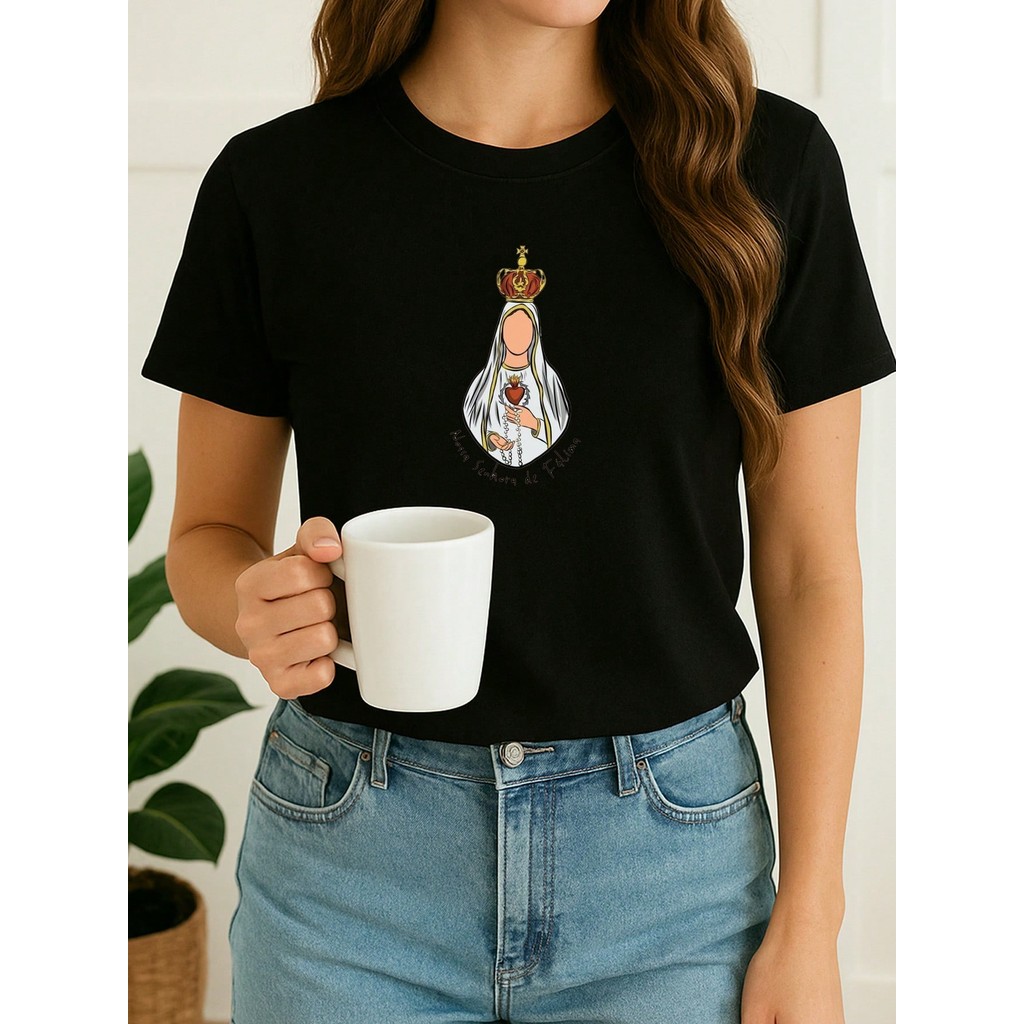 Camiseta Feminina Babylook Imagem Nossa Senhora de Fatima Tumblr 100% Algodão Varias Cores em Oferta na Shopee