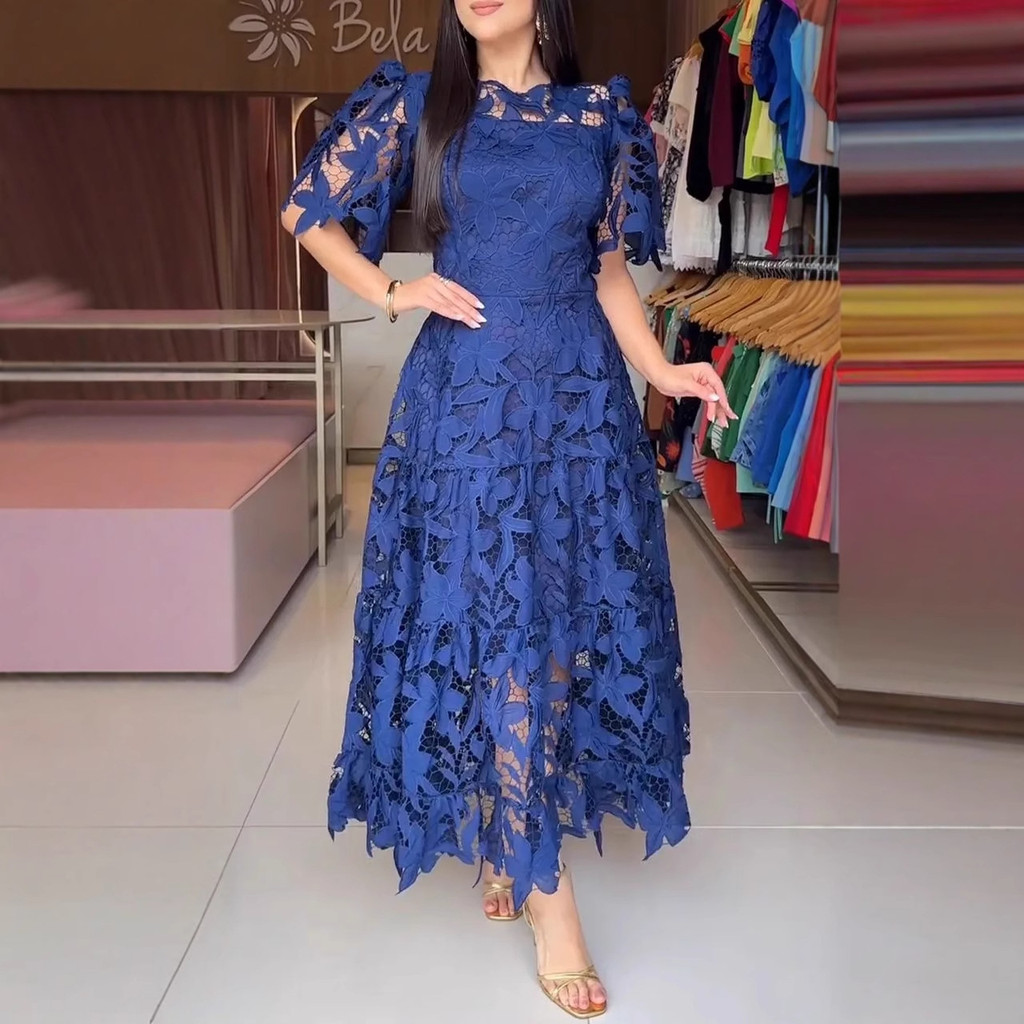 Popular 2025 primavera verão novo estilo senhoras manga curta renda oco vestido Floral