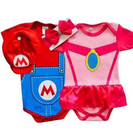 Body Princesa Peach/ super Mario Bebê, mesversario Fantasia + laço  Menina Menina Gemêos