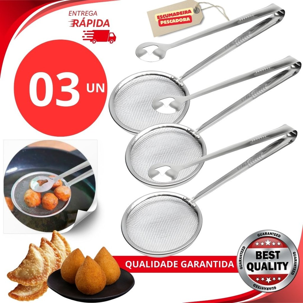 Kit 03 - Escumadeira Pescadora Para Fritura C/pegador Em Inox 2 Em 1 Variáveis Utilidades Premium