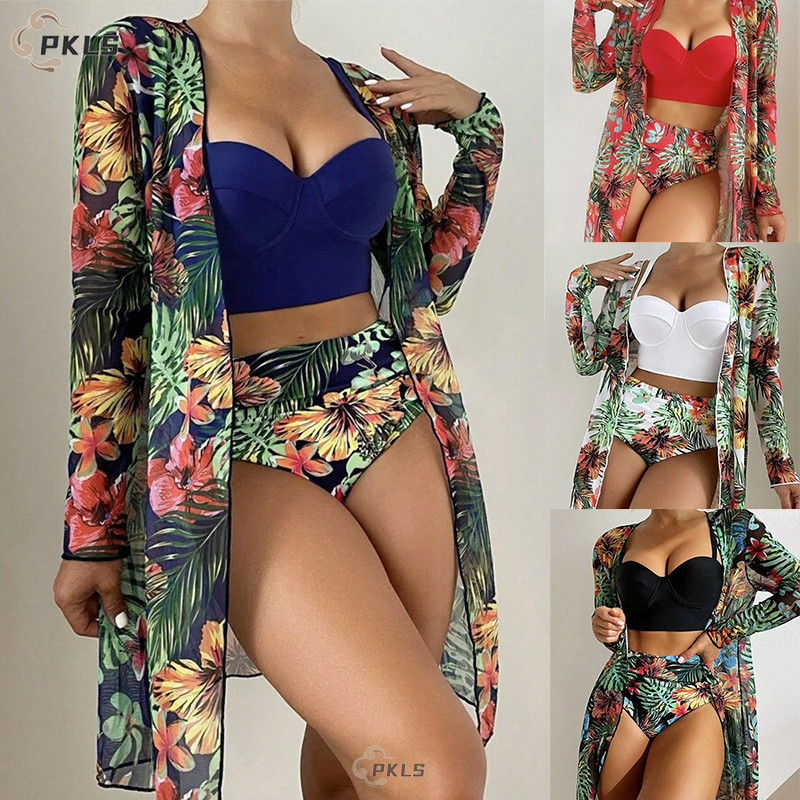 Conjunto Biquíni Feminino 3 Peças Quimono Com Estampa Planta Carnaval em Oferta na Shopee