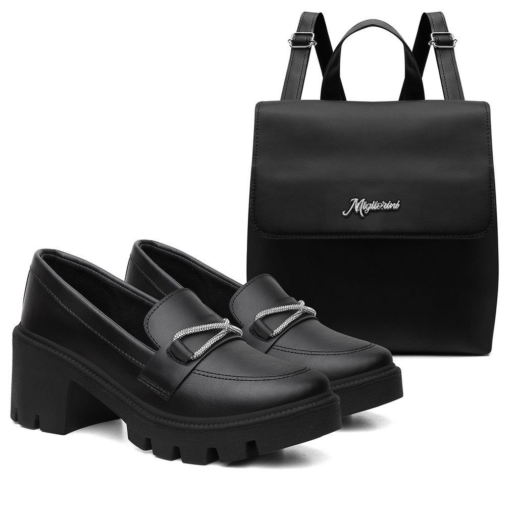 Kit Mocassim Brilho Feminino Tratorado Salto Médio + Mochila Blogueira