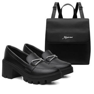 Kit Mocassim Brilho Feminino Tratorado Salto Médio + Mochila Blogueira