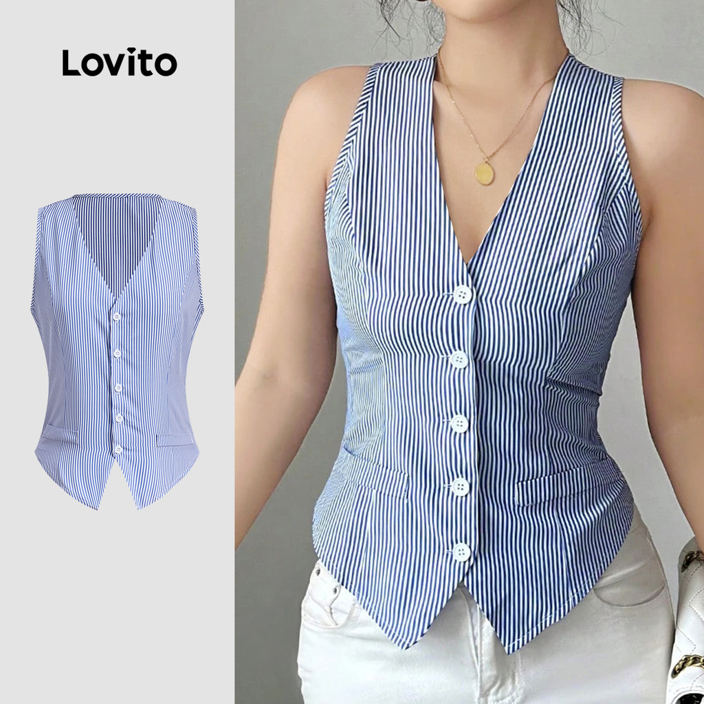 Lovito Blusa Casual com Botões Na Frente para Primavera/verão Azul para mulheres LBL28236 em Oferta na Shopee