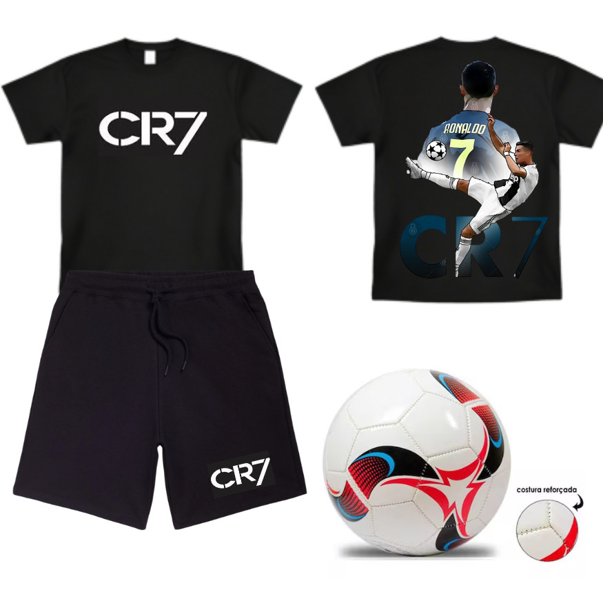 Conjunto CRISTIANO RONALDO Infantil Juvenil Menino Estiloso CR7 Kit Verão Camisa E Bermuda + BOLA DE FUTEBOL