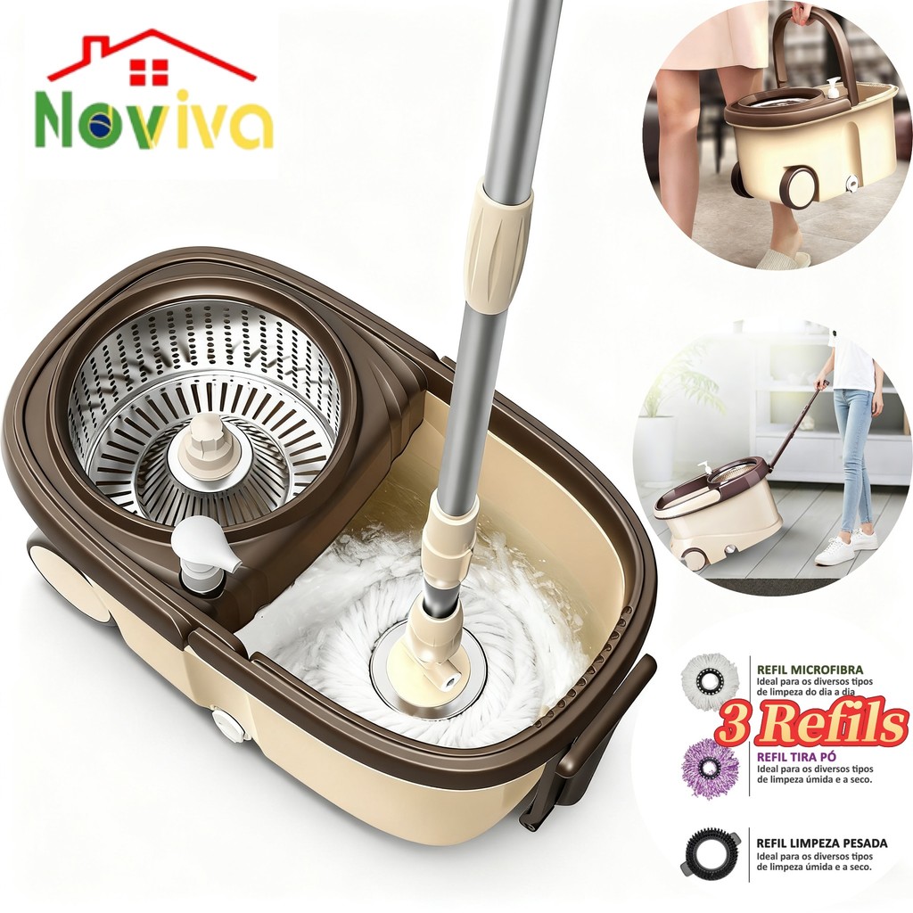 Esfregão 3 Refis Giratório Removível com Cabo de 140cm|16L Cesto de Aço Inox– Rodo 360° Noviva em Oferta na Shopee