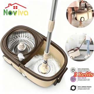 Esfregão 3 Refis Giratório Removível com Cabo de 140cm|16L Cesto de Aço Inox– Rodo 360° Noviva em Oferta na Shopee