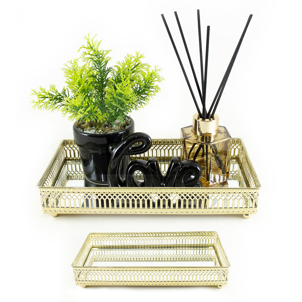 Bandeja Espelhada Para Decoração Retangular Dourada Luxo Italiana Sala Aparador Perfumes Banheiro Bar Bebidas Mesa 24cm