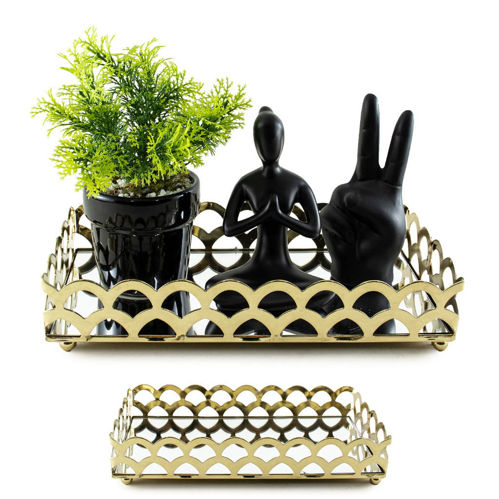 Bandeja Espelhada Para Decoração Dourada Retangular Luxo Belga Enfeite Sala Aparador Perfumes Bar Bebidas Banheiro 24cm