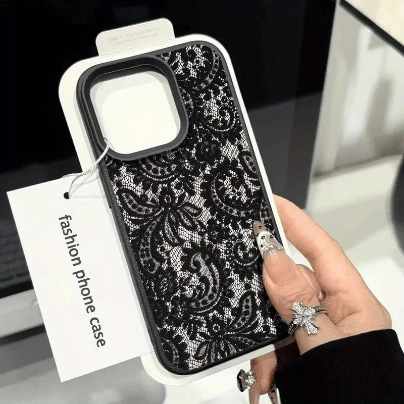 Vintage Preto Escuro Renda Impressa Caso De Telefone De Couro Para iPhone 16 17 15 14 13 12 11 Pro Max Plus 16E XS Capa