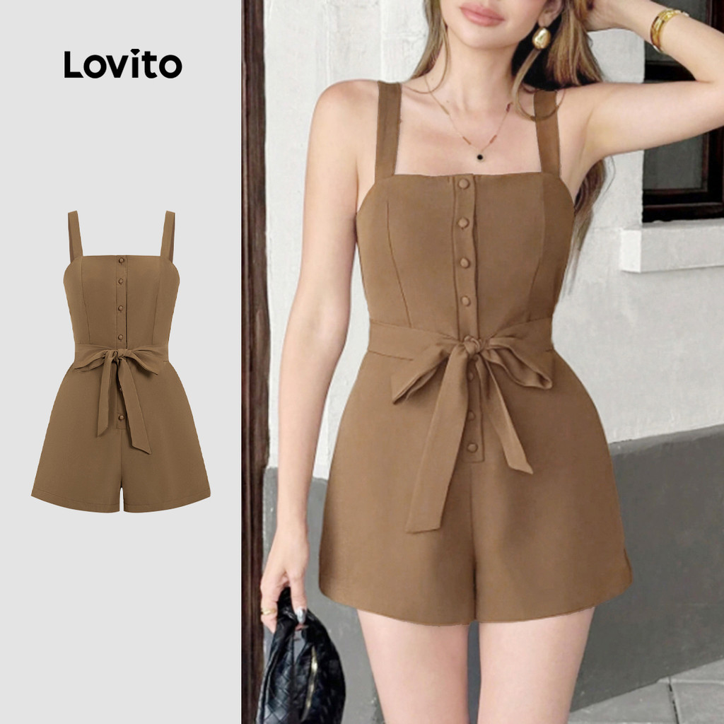 (NEW) Lovito Macacão Casual de Renda com Laço Botão Primavera/verão Castanho para Mulheres L155AD250 em Oferta na Shopee
