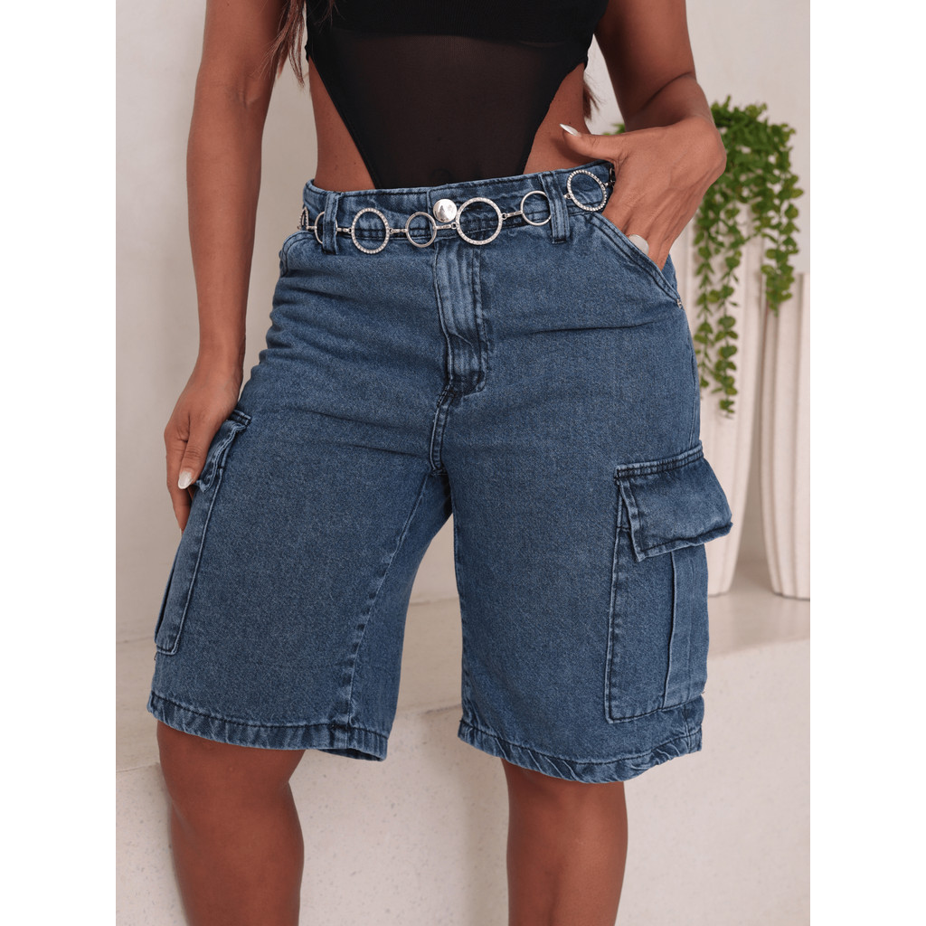 Bermuda Jeans Cargo Feminina Cintura Alta Elegante em Oferta na Shopee