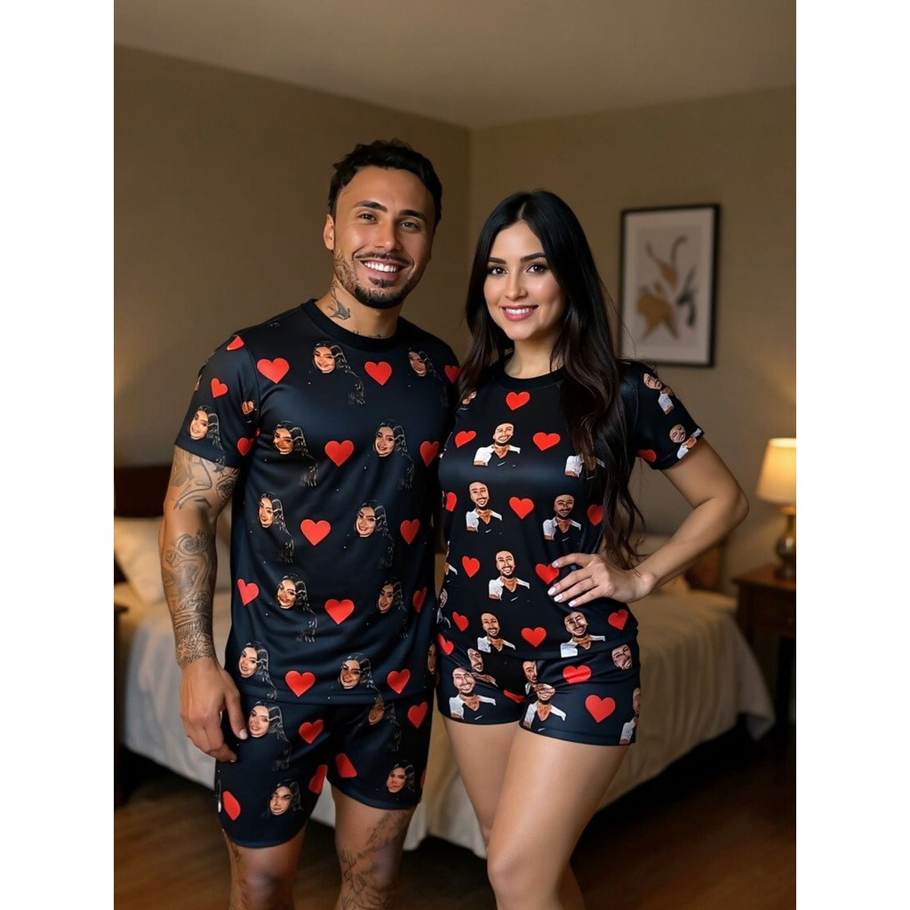 Pijama Estampado Personalizado Casal 1 Unidade Tecido Premium Sua Imagem