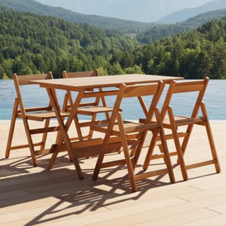 Conjunto de Mesa 120x70cm e 4 Cadeiras Dobráveis em Madeira Maciça com Verniz em Oferta na Shopee
