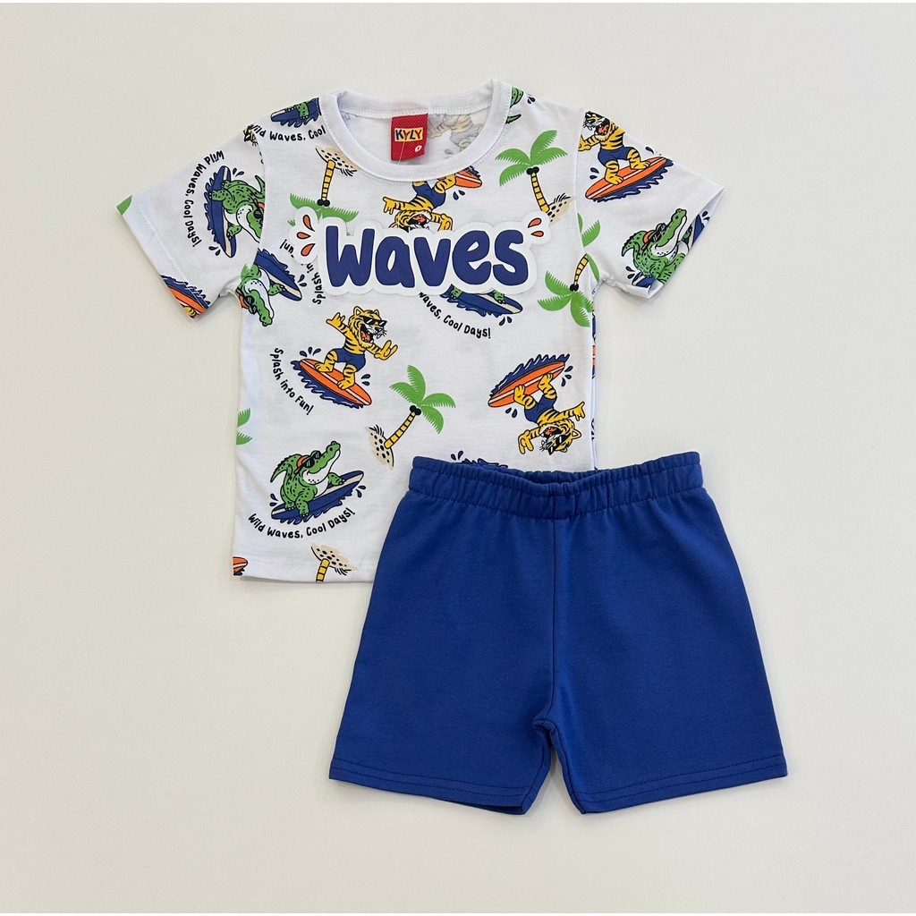 Conjunto Infantil Kyly Camiseta Branca Estampada Surf Waves Crocodilo Palhaço com Shorts Azul Algodão Confortável Verão