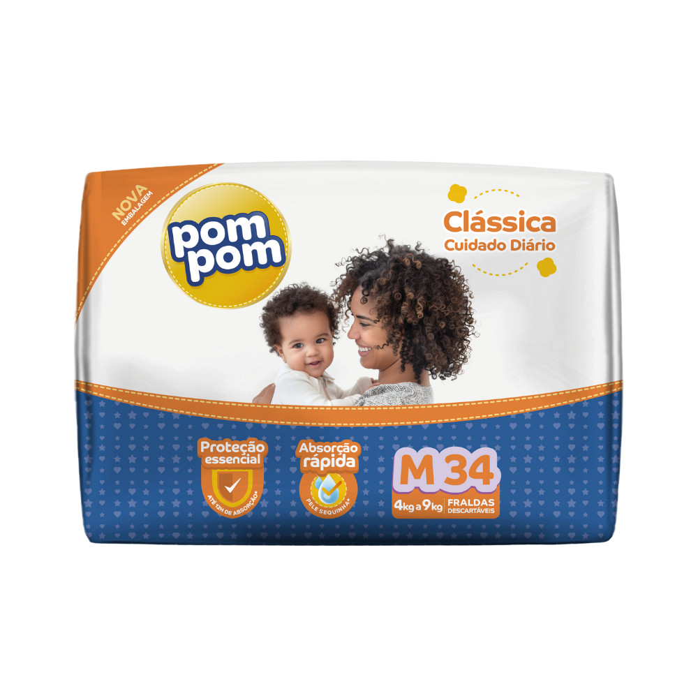 PomPom Clássica M 34un Fralda Econômica - Toque Suave e Alta Absorção