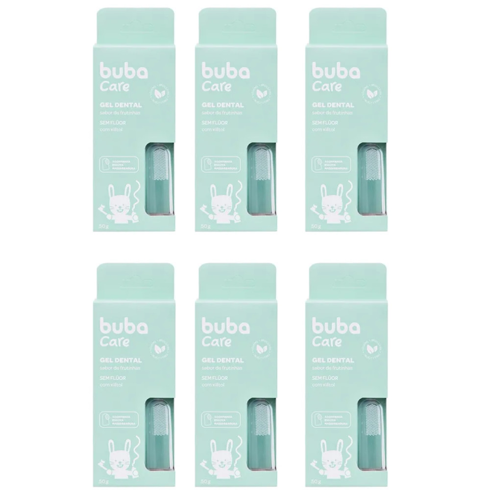 KIT C/ 6UN GEL DENTAL BUBA CARE SEM FLÚOR ACOMPANHA ESCOVA MASSAGEADORA