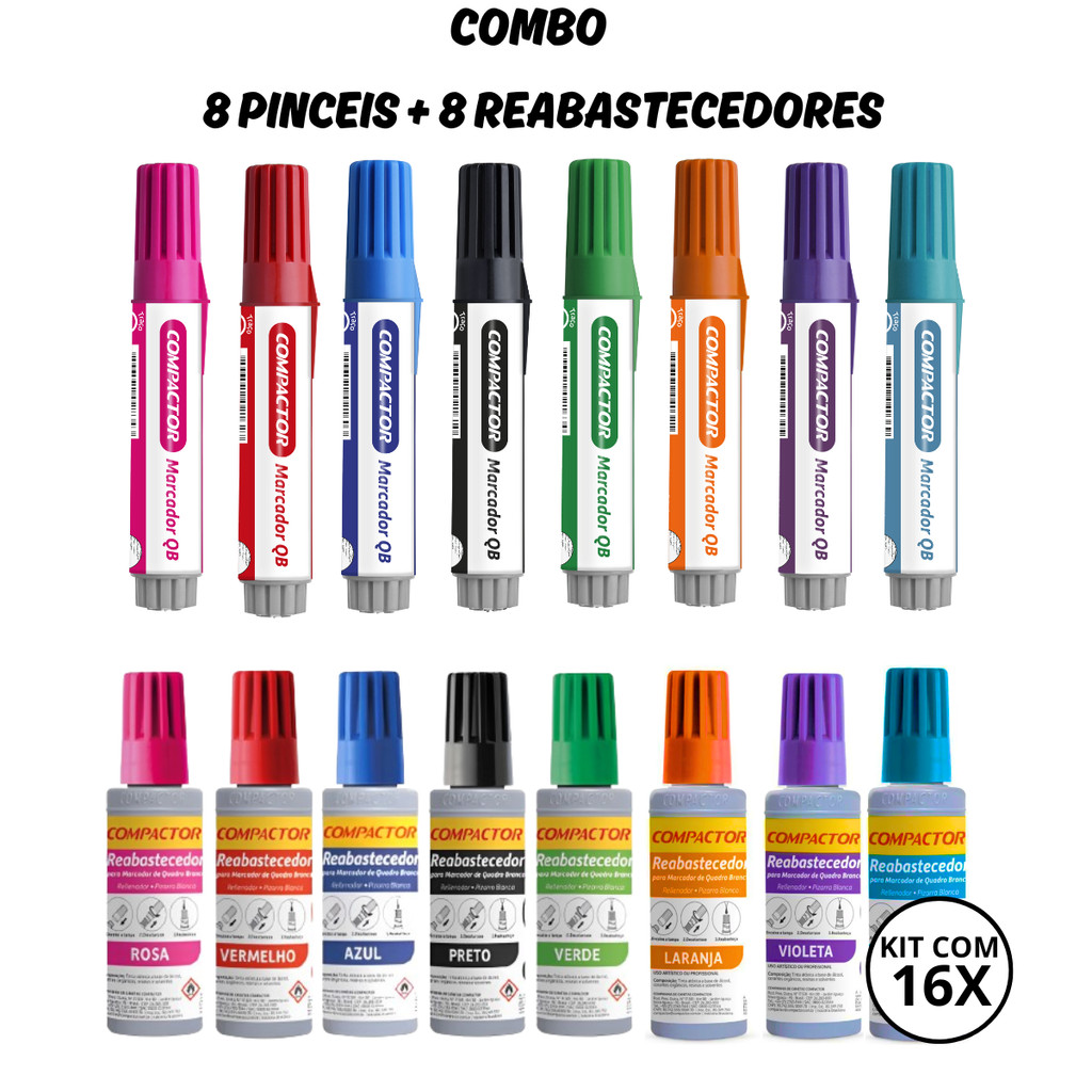 Kit Com 8 Marcadores de Quadro Branco + 8 Reabastecedores - COMPACTOR