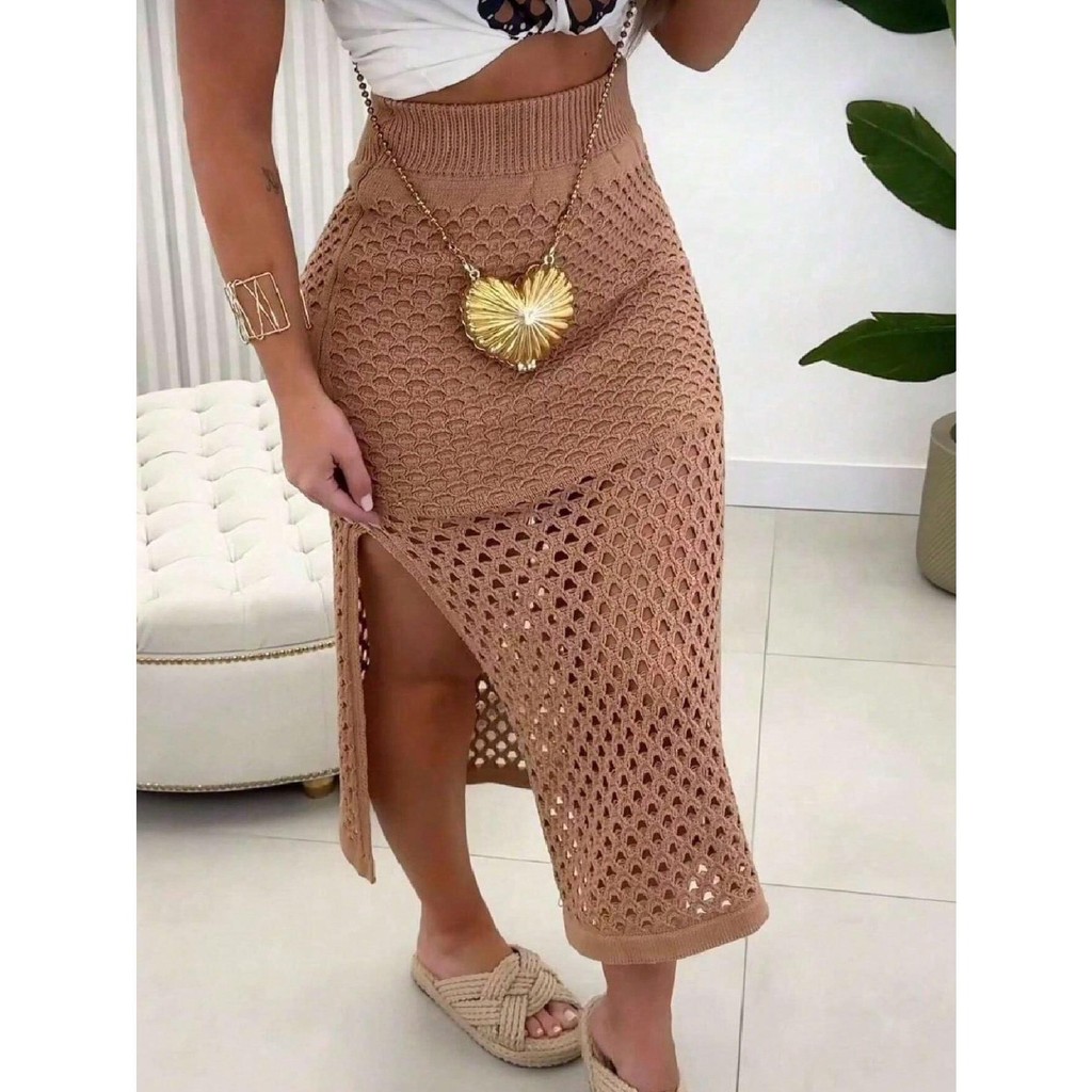 Saia Midi Tricô Modal Fenda Lateral em Oferta na Shopee