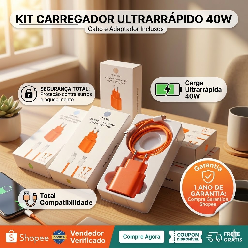 Kit Carregador Cabo e Fonte Turbo Power 40W IPhone 15 / 16 / 17 Laranja