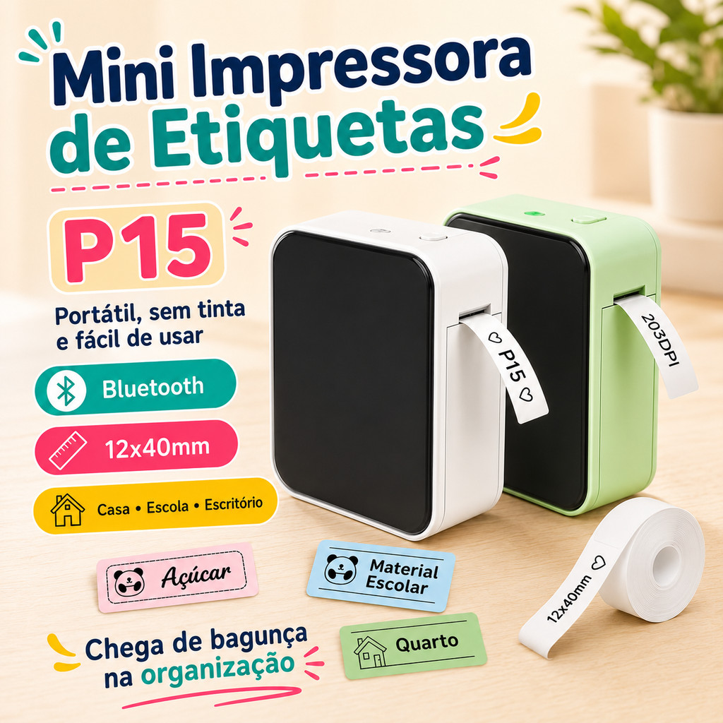Mini Impressora de Etiquetas P15 Bluetooth Térmica Sem Tinta Portátil Para Casa Escritório