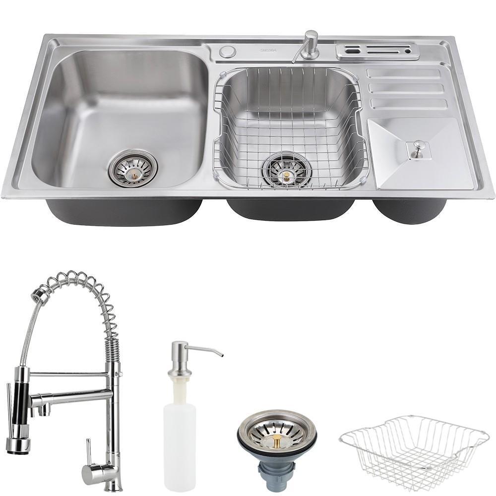 Kit Cuba p/ Cozinha Pia Dupla em Aço Inox com Acessórios com Lixeira Caiapós e Torneira Gourmet Munim Pingoo