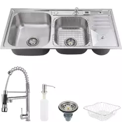 Kit Cuba p/ Cozinha Pia Dupla em Aço Inox com Acessórios com Lixeira Caiapós e Torneira Gourmet Munim Pingoo