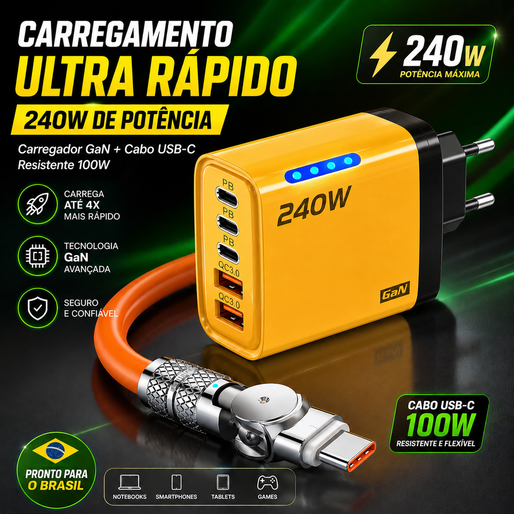 Kit Carregador GaN 120W Ultra Rápido Tomada UE 4 Portas + Cabo USB-C 100W Resistente