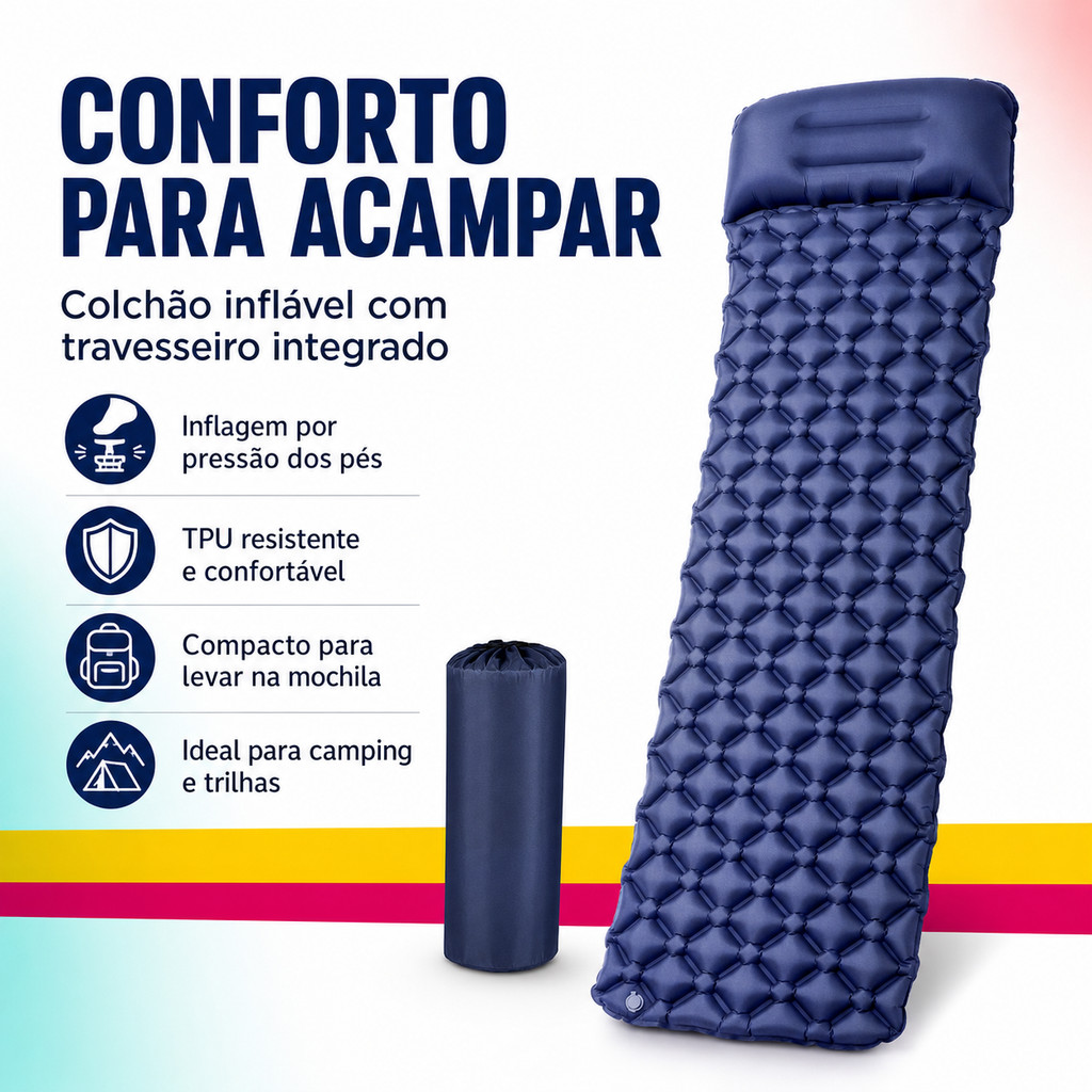 Colchonete Inflável Camping com Travesseiro e Bomba de Pé Dobrável Leve para Barraca e Viagem