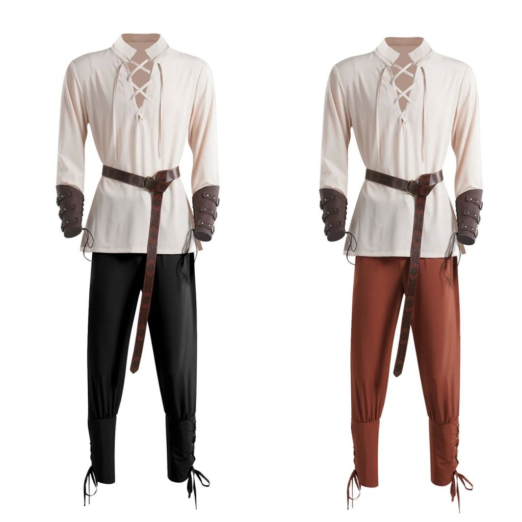 4 Pçs Halloween Medieval Renascentista Pirata Cosplay Traje Camisa De Manga Longa Tornozelo Calças Com Faixas Viking Cin