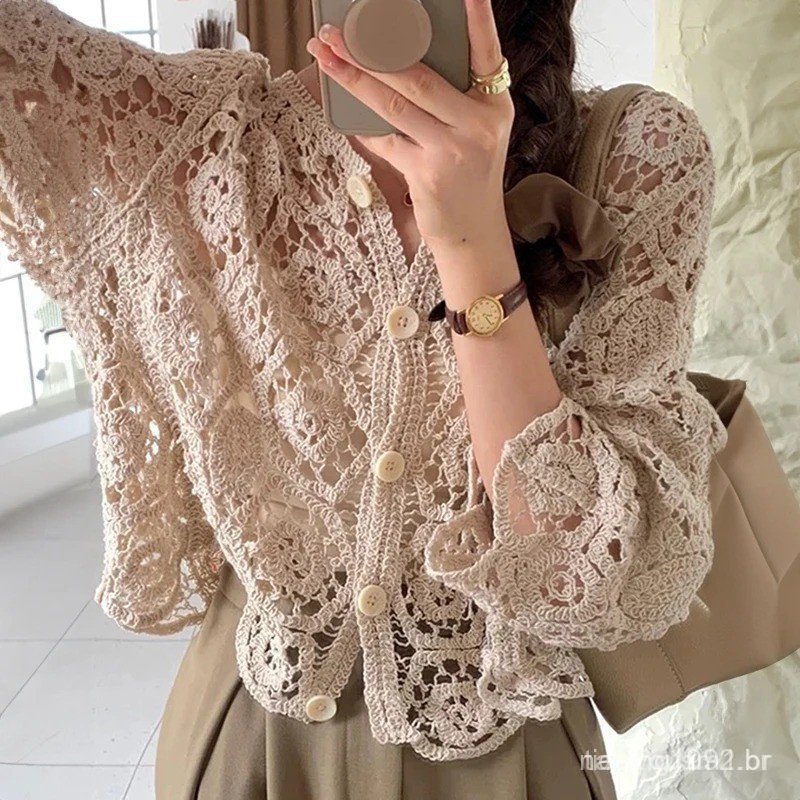 Blusa de Crochê de Manga Longa para Praia, Cardigã com Botões, Blusa Feminina para Férias, Roupas Boho