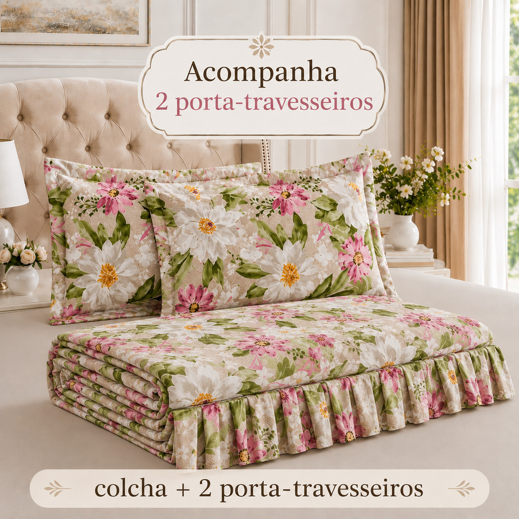 Colcha Lençol Babado Casal Queen 03 Peças Micropercal Toque de Algodão - Completo + Fronha