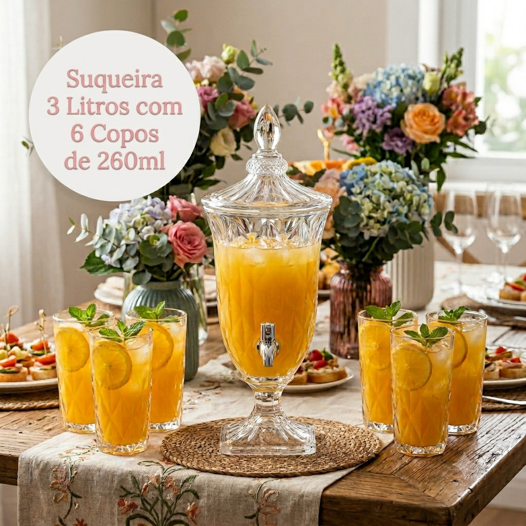 Kit Suqueira Vidro 3 litros 6 Copos Vidro 260ml Buffet Festa Suco Água
