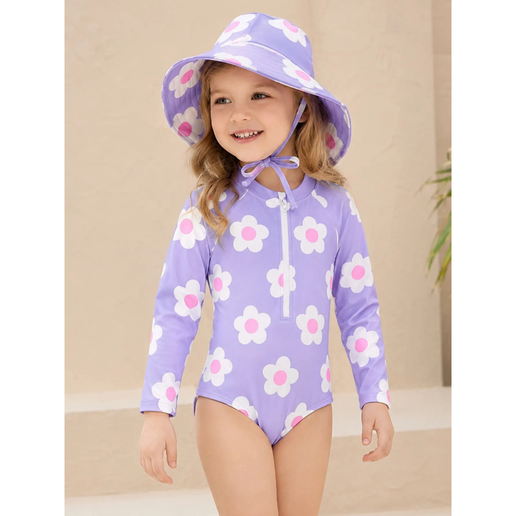 Maiô Infantil Proteção UV Manga Longa Com Chapéu Praia Bebê Menina Verão Estampado