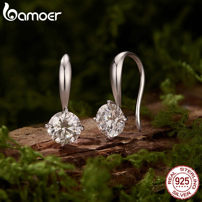 Brincos De Gancho De Moissanite De Prata Esterlina 925 Bamoer 0.5CT Com Joias De Certificado Para Presente Feminino