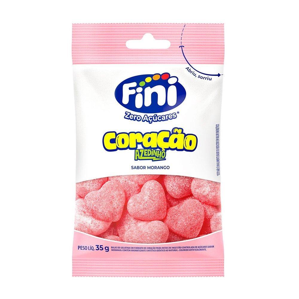 Bala Fini Gelatina Morango Coração Zero Açúcar Azedinho 35g - Embalagem com 24 Unidades
