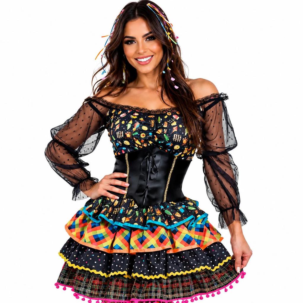 Vestido Festa Junina Adulto de Luxo Com Saia Armada Preto Xadrez