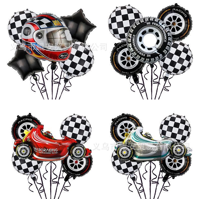 Kit Balões Foil Tema Corrida 18pol Forma Pneu e Capacete Decoração Festa Aniversário Infantil