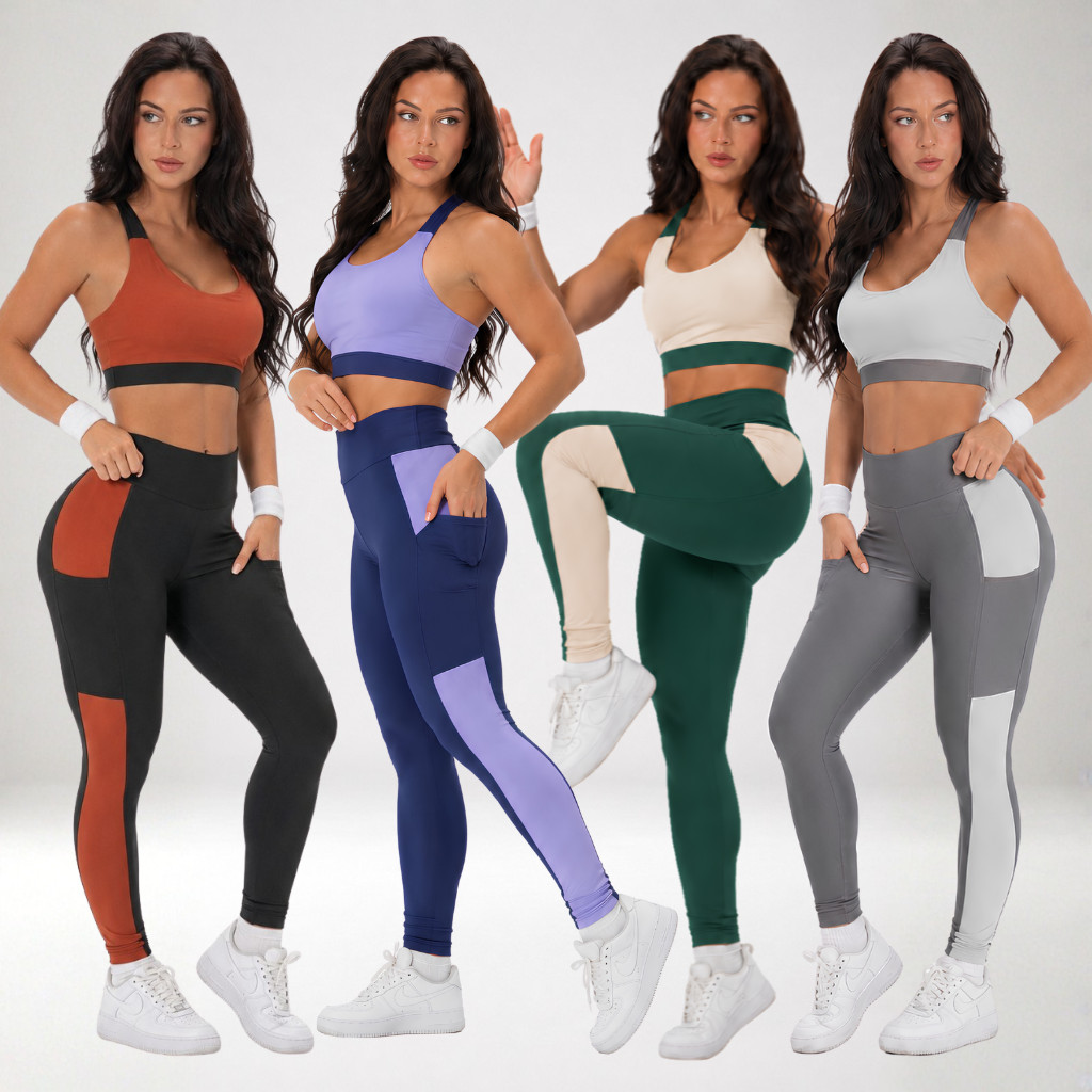 Conjunto Fitness Feminino Bicolor Sem Transparência Top Bojo Legging Cós Alto Suplex Premium