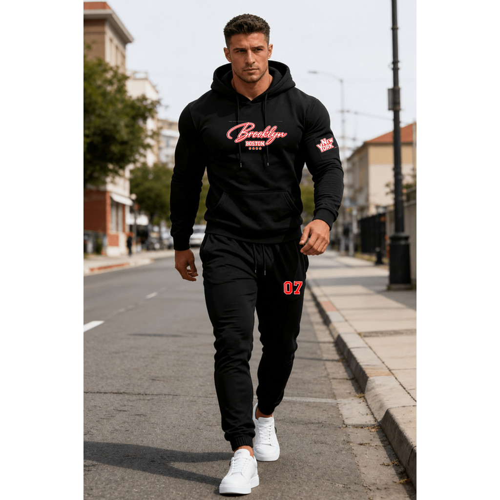 Conjunto Moleton Brooklin New york Streetwear Blusa + calça de moletom Casaco Com Capuz Forrado Agasalho de Frio
