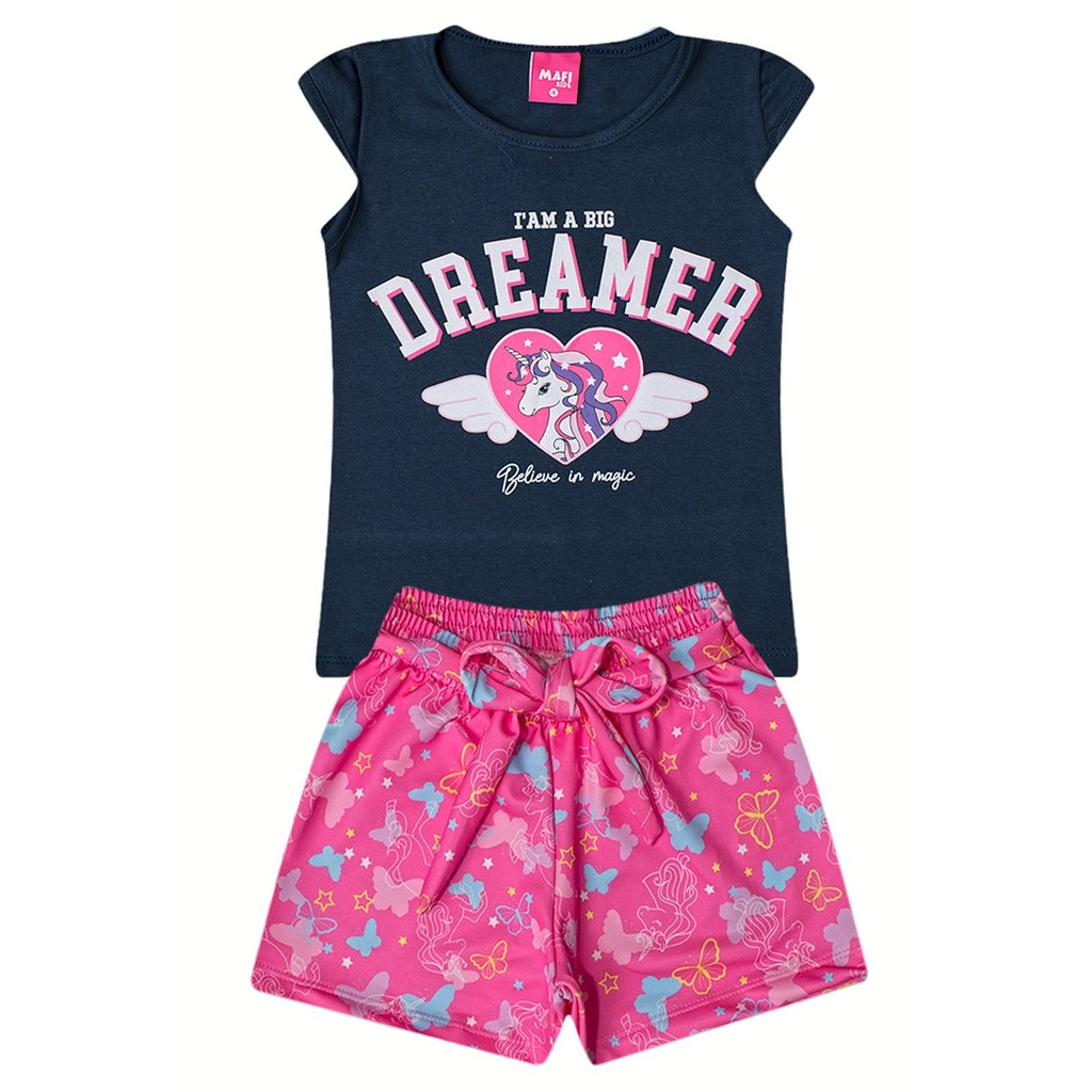 Conjunto Infantil Menina Verão Dreamer Unicórnio Marinho