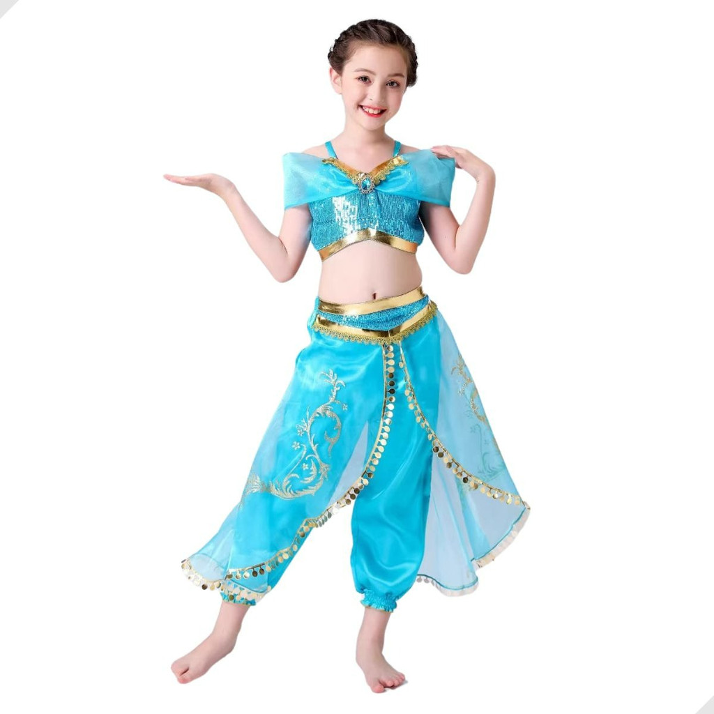 Kit Fantasia Princesa Jasmine Aladdin Completo Infantil Top Com Calça E Tiara Para Meninas Cosplay