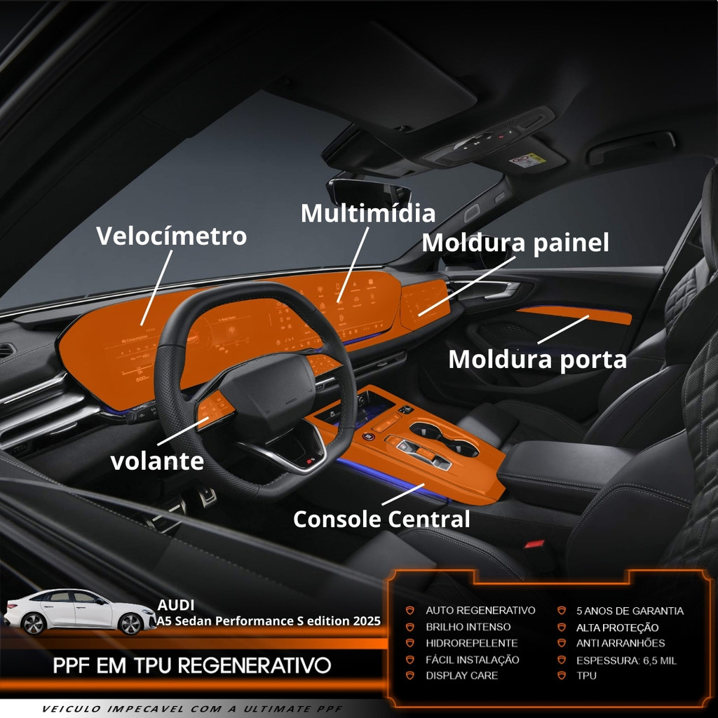 Película PPF Proteção Kit Interior Exterior Audi A5 Sedan Performance S 2025 2026 Transparente TPU Anti Risco