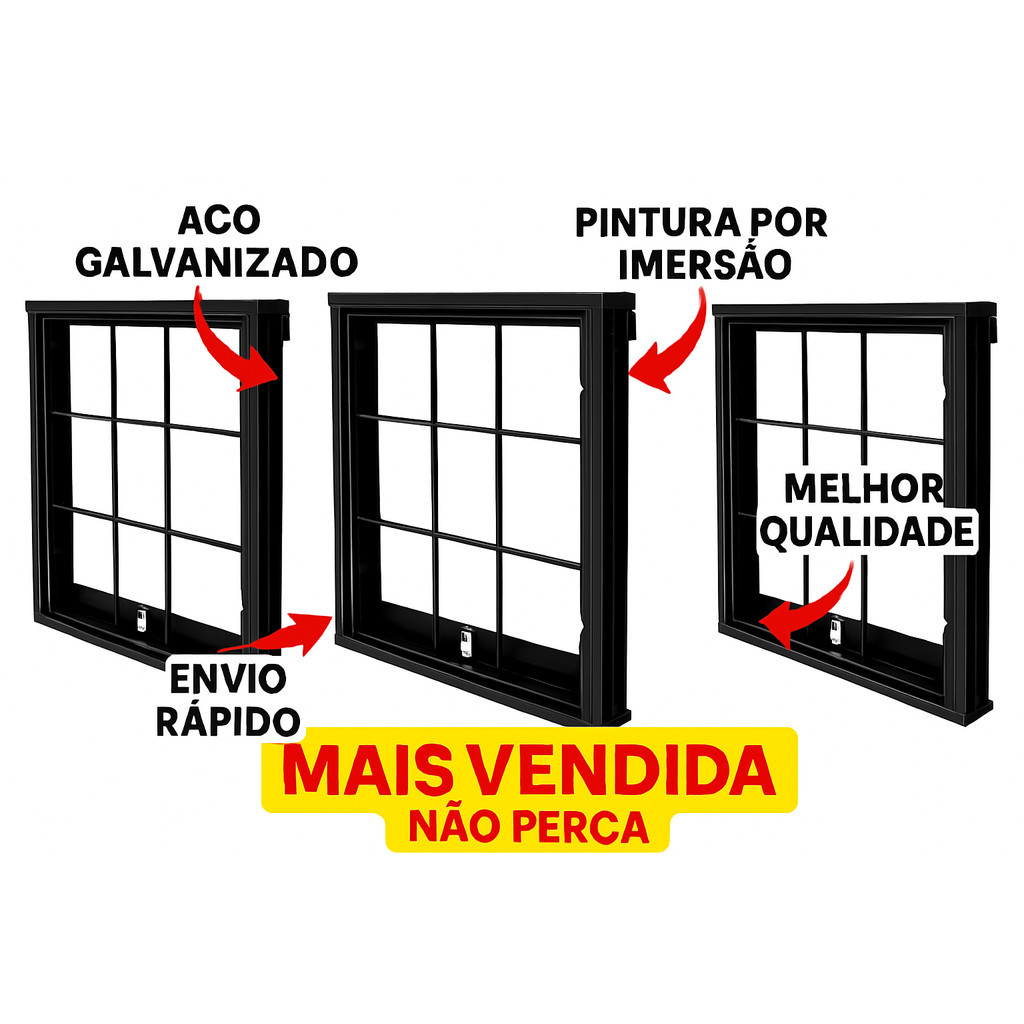 Kit 3 Janela Vitrô Basculante 50x50 em Aço com Grade – Para Banheiro – Sem Vidro – Instalação Fácil