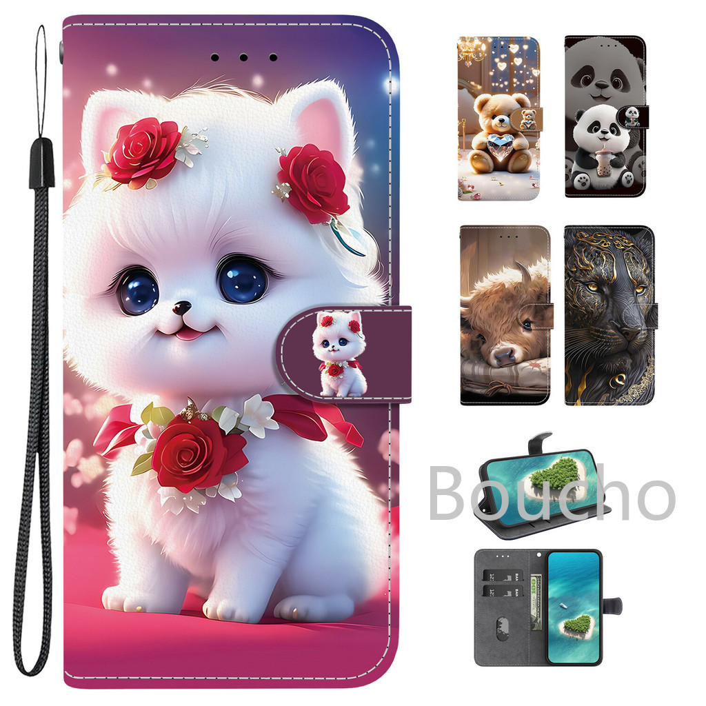 Para Samsung Galaxy A14 A24 A34 A54 A13 A23 A33 A53 A73 A22 A32 A52 A52S 4G 5G Gato Flor Carteira Flip Couro Magnético C