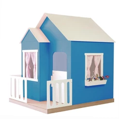 Casinha de Brinquedo Artesanal Janela Lateral Versátil com Cortinas MDF Azul/Branco L12 - Gran Belo